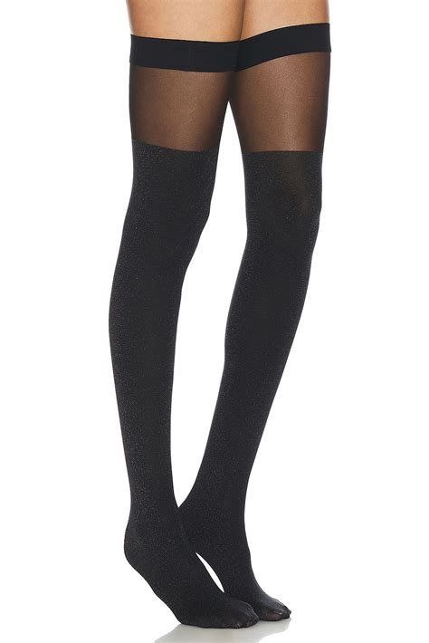 Wolford Shiny Sheer Stay Up Tights in Black & Pewter | REVOLVE