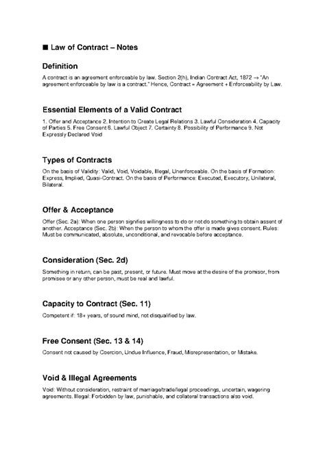 Law of Contract Notes: Key Definitions & Elements - Studocu