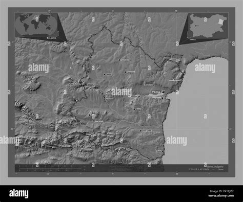 Varna, province of Bulgaria. Bilevel elevation map with lakes and rivers. Locations and names of ...