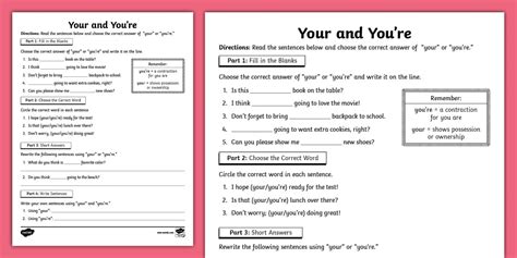 Third Grade Your and You're Worksheet