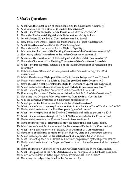 Questions Bank - VJJ: 2 & 4 Marks on Indian Constitution - Studocu
