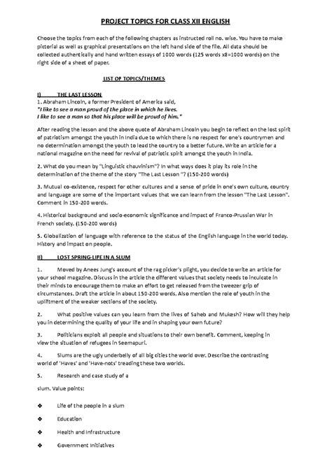 Class XII English CORE Project: Topics and Guidelines for Presentation ...