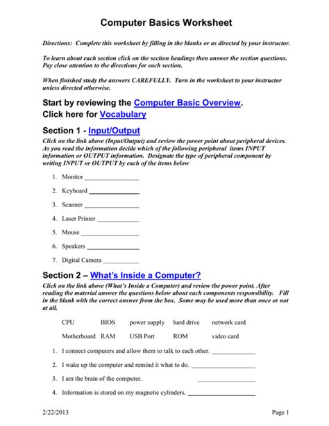 Computer Basics Worksheet 的图像结果