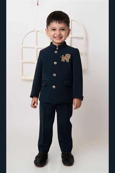 Terry Full SLeeves Lion Embroidered 3 Piece Party Suit Set - Navy Blu ...