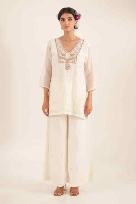 Buy White Chanderi Embroidery, Zari, Sequins, Stones V-neck Matsya ...