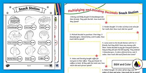 Sixth Grade Multiplying and Dividing Decimals Snack Station Worksheet