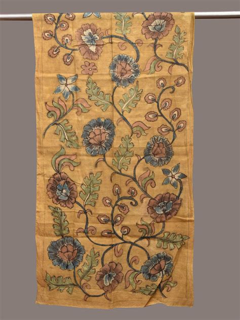 Yellow Kalamkari Hand Painted Sico Stole with Floral Design ds3593 – Uppada