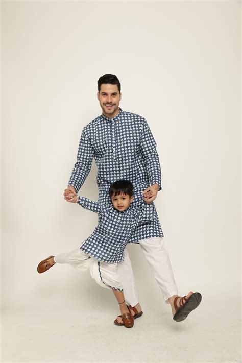 Buy Father-Son Blue White Buti Print Dhoti Kurta Pajama Combo Set ...