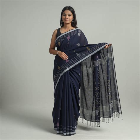 Blue Handloom Cotton Phulia Jamdani Saree with Tassels
