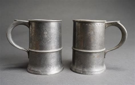 Lot - Pair English Pewter Quart Tankards