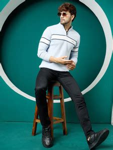 KVETOO Woven High Neck Casual Men Blue, White Sweater - Buy KVETOO ...