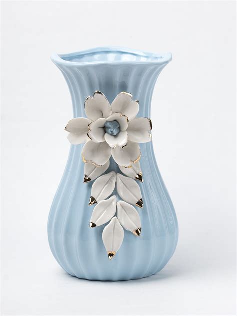Blue Ceramic Curvy Vase - Engraved Floral Pattern, Flower Holder ...