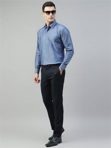 Hanock Blue Men Self Design Wrinkle Resistant Pure Cotton Slim Fit Fre