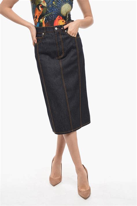 Alexander McQueen Denim Pencil Skirt with Rear Slit women - Glamood Outlet