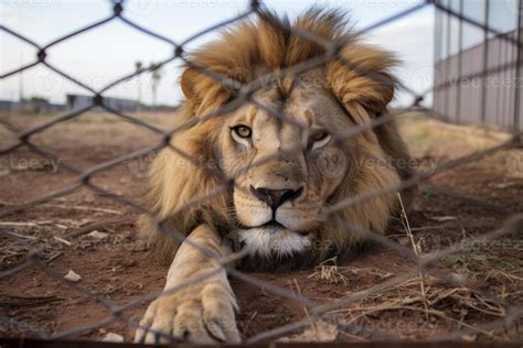 ai generado majestuoso león bloqueado en jaula. solitario león en cautiverio detrás un cerca con ...