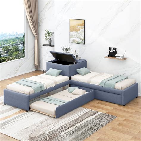 Buy L Shaped Platform Bed with Trundle and Storages Drawers ...