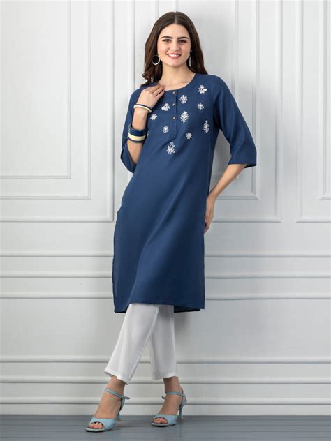 Navy Mirror Work White Embroidered Straight Kurta | Buy Kurta for women ...