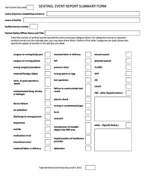 Fillable Online health nv 2013 Sentinel Event Report Summary Form ...