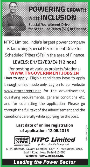 NTPC Recruitments in Finance Department Jobs for ST Quota