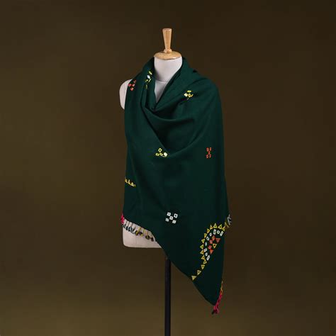 Green Kutch Handwoven Mirror Work Acrylic Wool Shawl