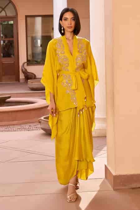 Buy Yellow Organza, Satin Beads, Sequins Aashna Embroidered Kimono Top ...