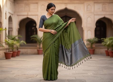 Hand-Woven Olive & Charcoal Silk-Blend Saree with Tassel Detail ...