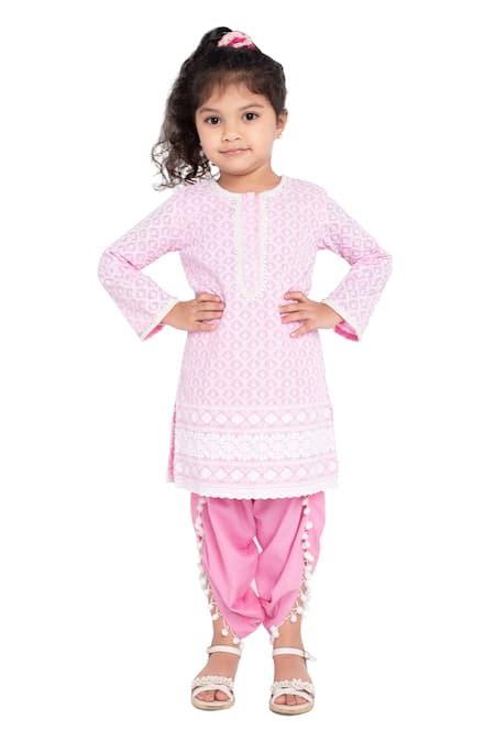Buy Pink Cotton Pom-poms, Sequins Lucknowi Kurta And Dhoti Pant Set For ...