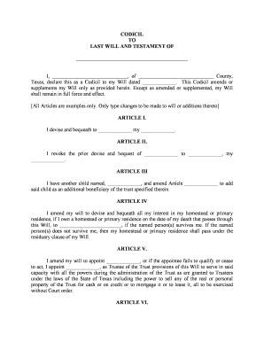Texas Codicil To Will Form For Amending Your Will - Will Changes Or ...