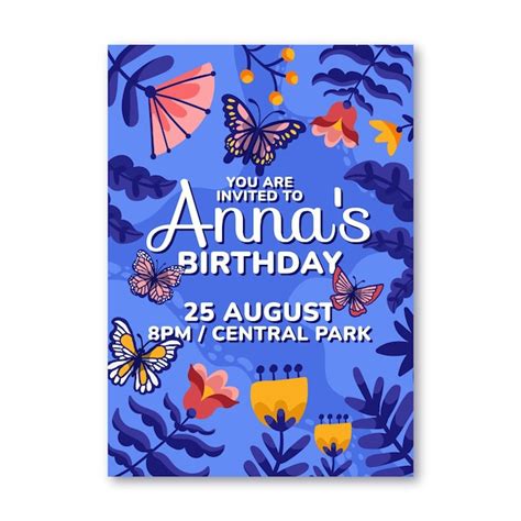 Cartoon vlinder verjaardag uitnodiging sjabloon | Gratis Vector