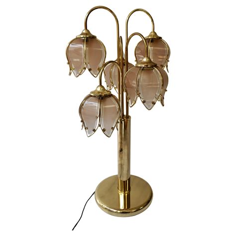 Hollywood Regency Glass and Brass 5 Arm Tulip Lotus Lamp 1970s For Sale ...