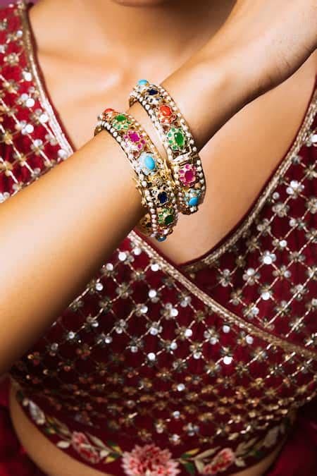 Buy Multi Color Jadau Stones Opulent Embellished Bangles - Set Of 2 by ...