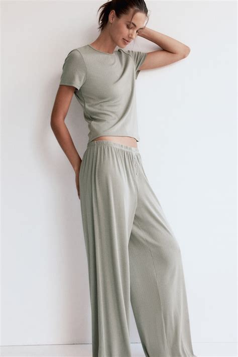 Pointelle jersey pyjamas - Light khaki green - Ladies | H&M IN