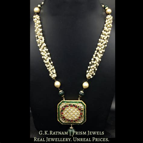 23k Gold and Diamond Polki octagonal colorful Pendant with Pearl Chain ...