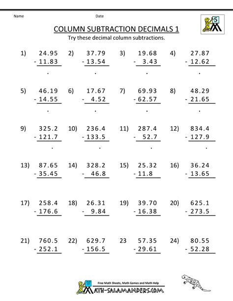 Image result for 5th Grade Math Subtraction Worksheets