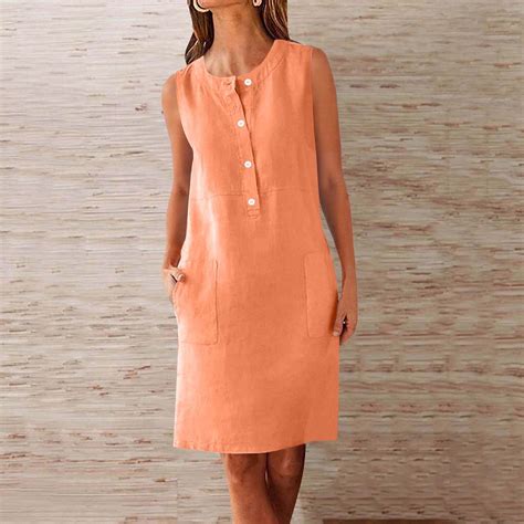 Kctiaxy Orange Summer Dresses for Women Cotton Linen Cre W Neck Sleeve ...