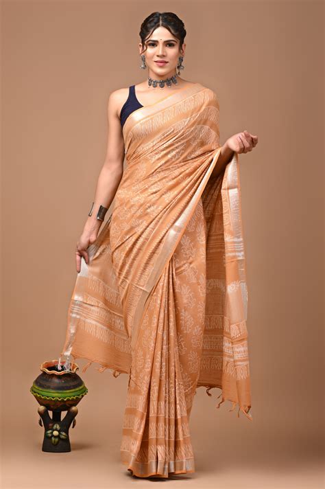 Latte Brown Linen Saree With Handblock Floral Prints – STORI