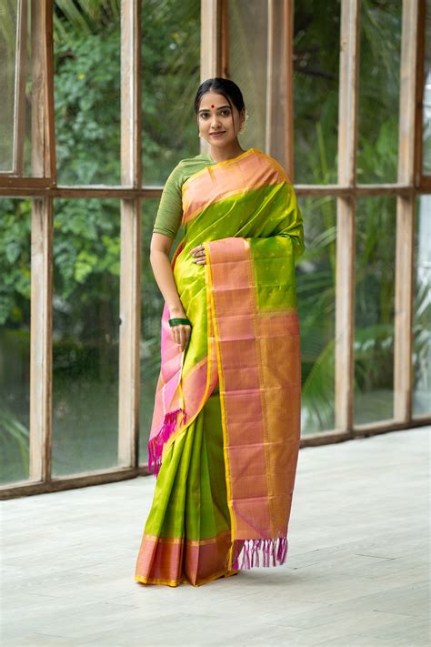 Lime Green and Peach Pure Zari Kanchipuram Silk Saree
