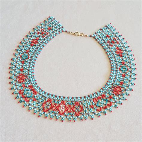 Buy Netted Seed Bead Collar in Turquoise, White, and Red With Gold ...