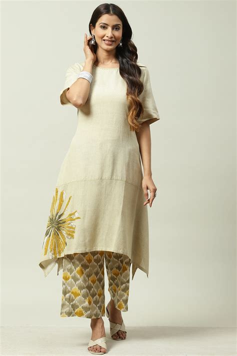 Mud Ochre LIVA A-Line Solid Kurta Set at Biba India