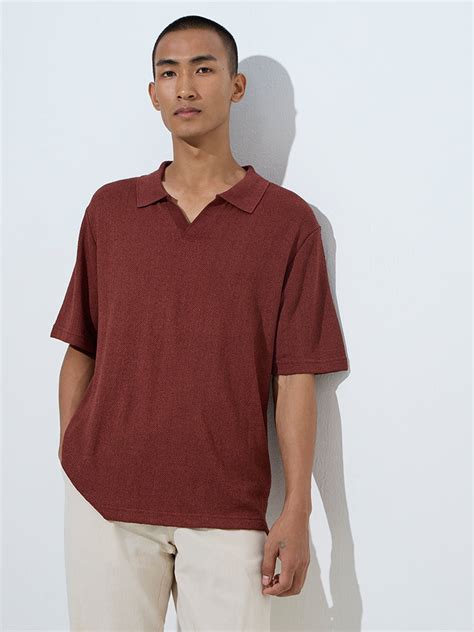 Buy ETA Burgundy Knit-Textured Relaxed-Fit Polo T-Shirt from Westside
