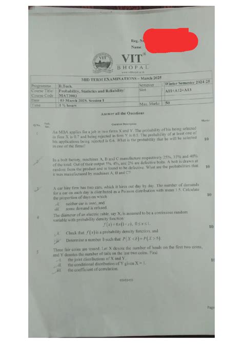 MAT3003 B.Tech Winter 2025 Midterm Exam: Probability & Statistics ...