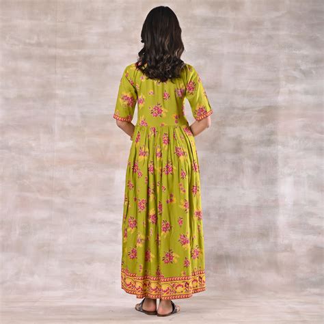 Buy Olive Green Floral Gathered Dress | Rustorange