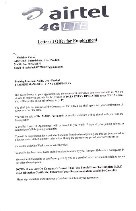 Adobe Scan 29-Oct-2022 - airtel 4GLTE Letter of Offerfor Employment To ...