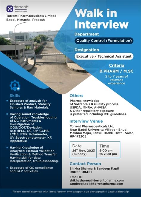 Walk in interview for Torrent Baddi on 26th Nov 23