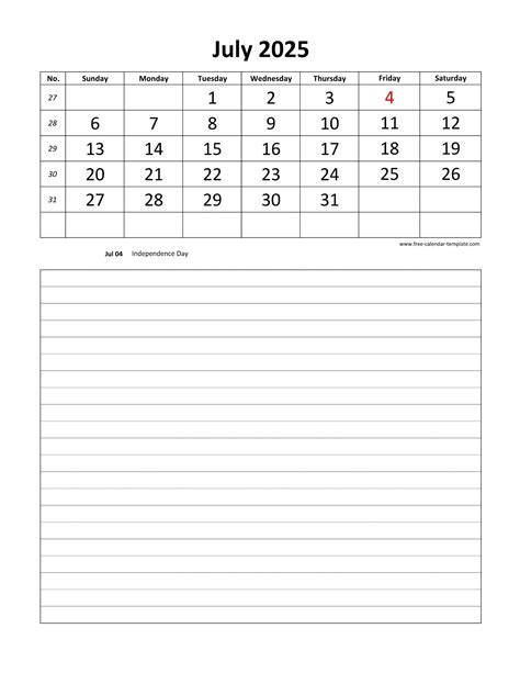 Printable 2025 July Calendar grid lines for daily notes (vertical ...