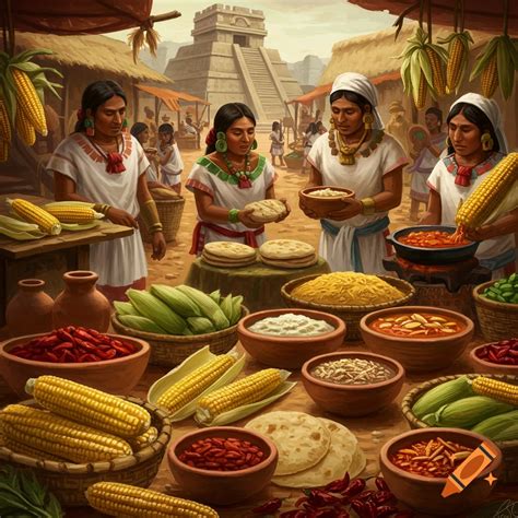 People selling maize and food at an ancient Mayan market with a pyramid ...