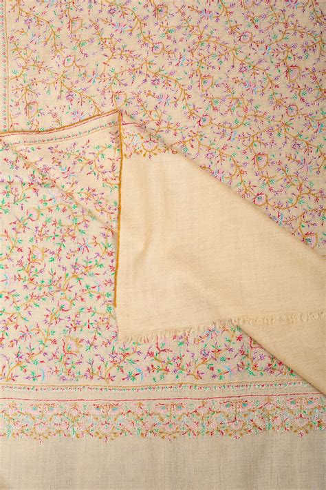 Mellifluus Pastel Cream Jaali Sozni Embroidered Pashmina Shawl ...