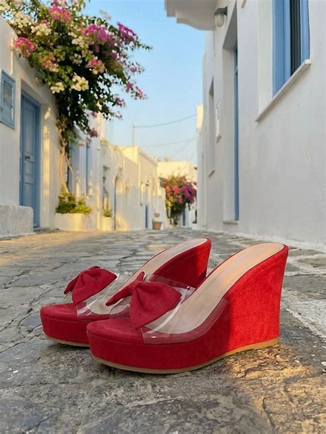 Women's Vibrant Red Wedge Sandals - Elegant Platform Slides with ...