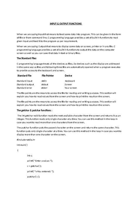 C Programming: Input and Output Functions Explained - Studocu