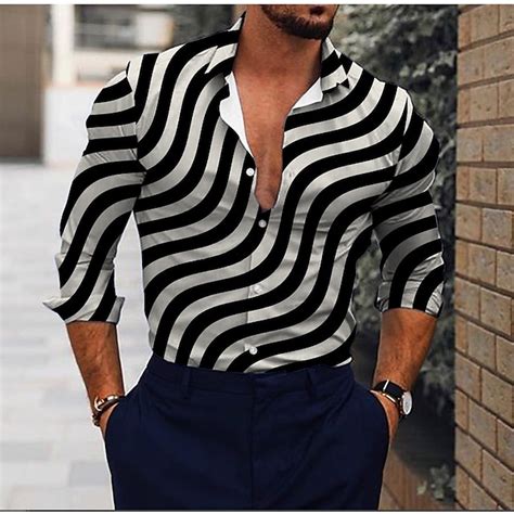 Men's Striped Geometric Pattern Shirt Button Up Shirt Long Sleeve Party ...